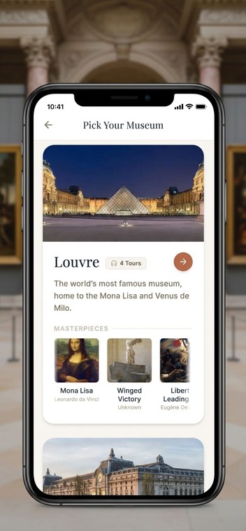 Museums Made Easy iPhone mockup showing Louvre highlights audio tour
